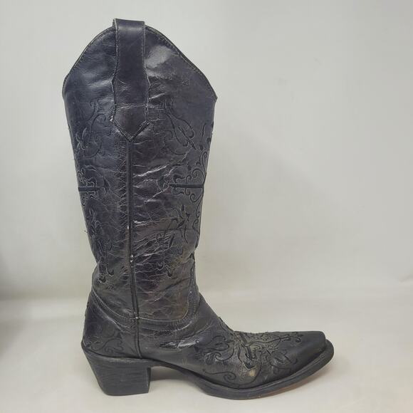 Circle G Boots Women 7.5W Black Embroidered Cross Western Snip Toe Cowgirl Rodeo - Picture 9 of 14